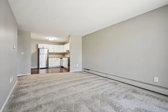Spacious living area with plush carpet and a modern kitchen featuring stainless steel appliances and stylish cabinetry.