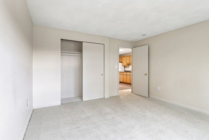 Bright and inviting bedroom with plush carpet, spacious closet, and a view into the charming kitchen with warm wooden cabinetry.