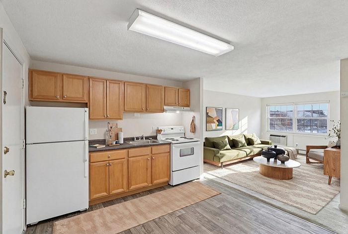 Inviting open-plan kitchen and living area with natural light, featuring warm wooden cabinetry, sleek appliances, and a cozy modern sofa setting.