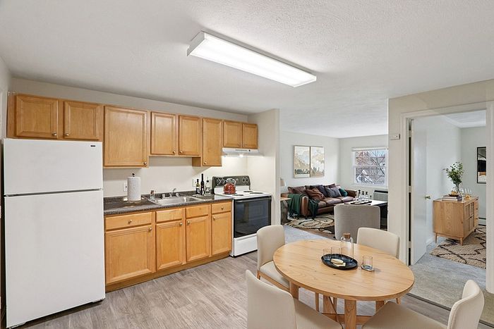 Inviting open-concept apartment with modern kitchen, cozy living room, and elegant dining area.