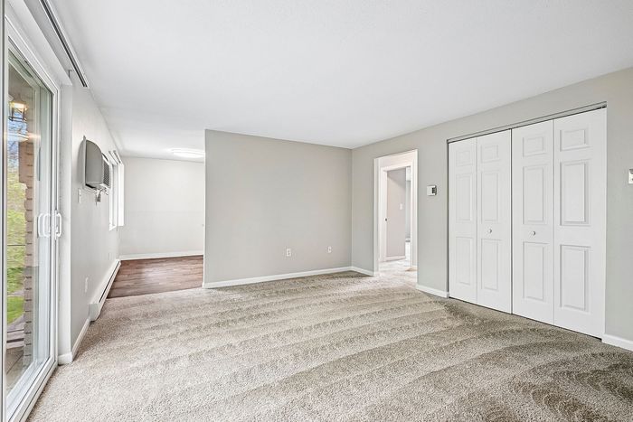 Bright and spacious living area with a large window, plush carpet, and sleek closet doors, offering a comfortable and stylish atmosphere.