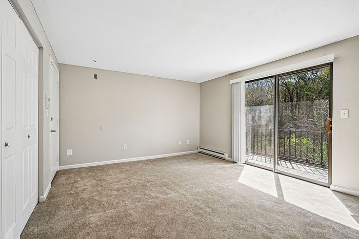 Bright and airy living room with plush carpet, large sliding glass doors opening to a serene view of nature.