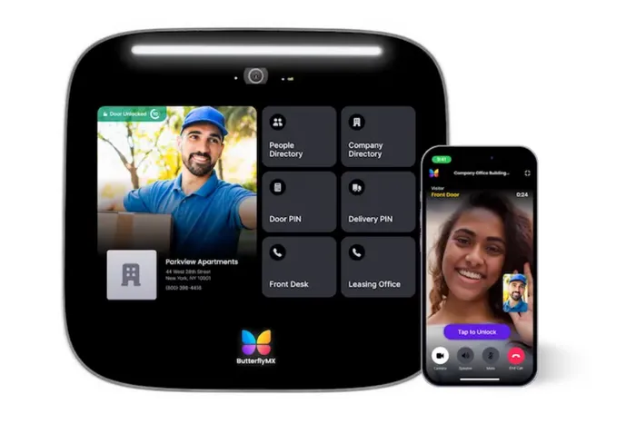 Innovative smart intercom system showcasing a sleek tablet and smartphone interface for secure and convenient apartment entry.