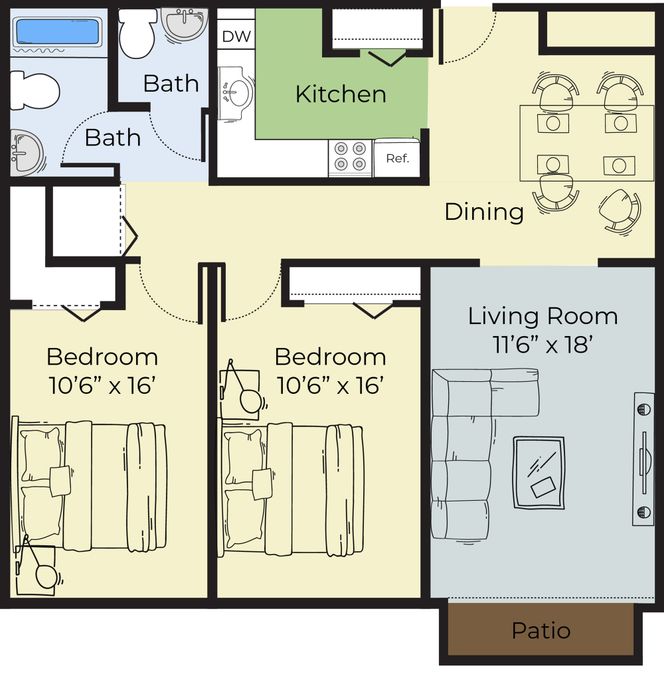 The Auburn 2-Bedroom 1.5 Bath Floor Plan | Princeton Place Apartments | Worcester, MA
