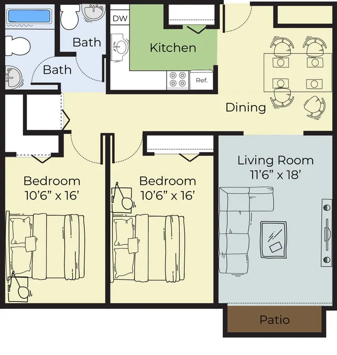 The Auburn 2-Bedroom 1.5 Bath Floor Plan | Princeton Place Apartments | Worcester, MA