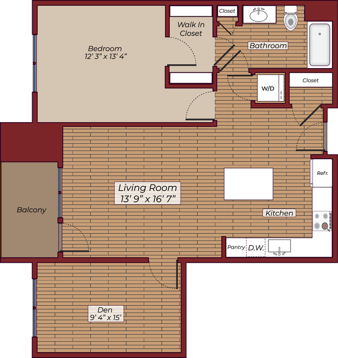 One Bedroom with Den Floorplan | The James Apartments | Haverhill MA Apartments