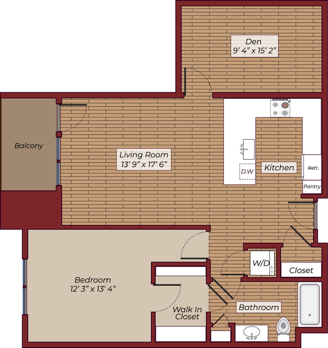 One Bedroom with Den Floorplan | The James Apartments | Haverhill MA Apartments