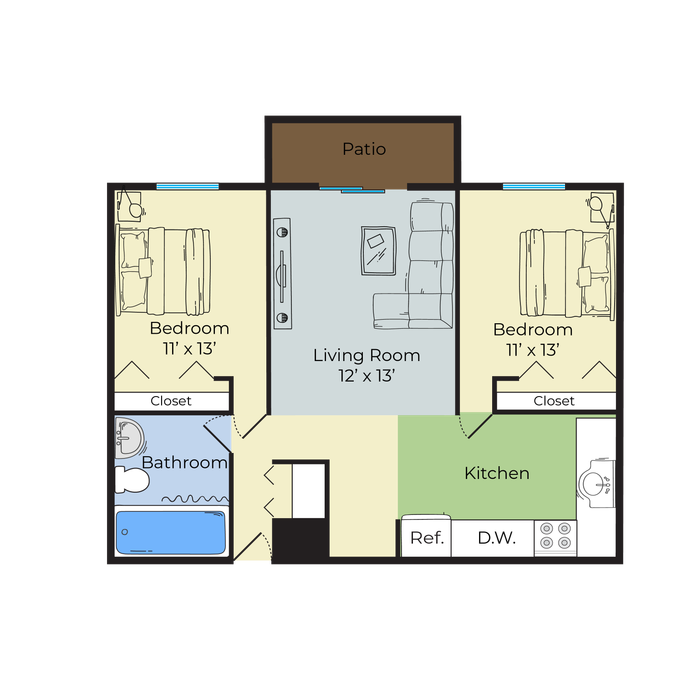 Charming floor plan featuring two spacious bedrooms, a cozy living room, modern kitchen, and private patio.