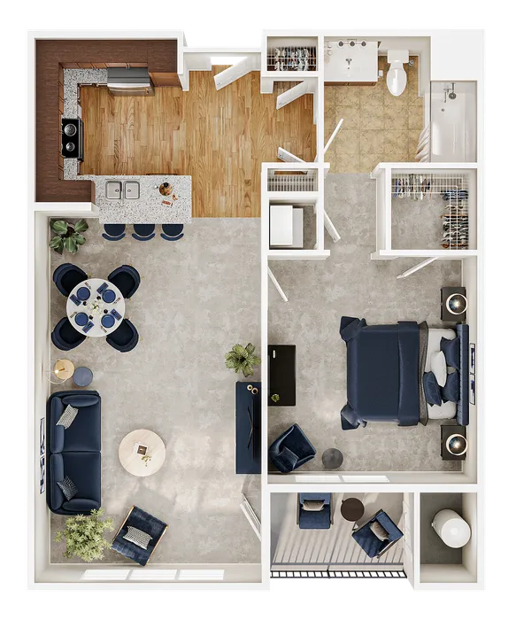 Modern 2D floor plan showcasing a cozy 1-bedroom layout with an open-concept living and dining area, stylish kitchen, and private balcony.