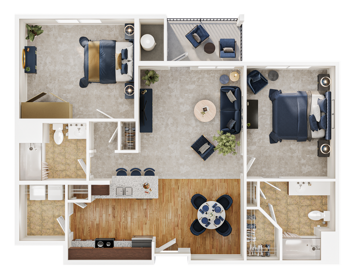 Modern 2D floor plan with 2 bedrooms, elegant living room, stylish kitchen with island, and two bathrooms featuring contemporary fixtures.