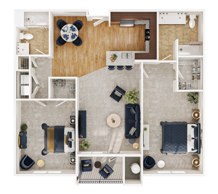 Inviting 2D floor plan showcasing 2 spacious bedrooms, elegant living area, modern kitchen with island, and cozy balcony.