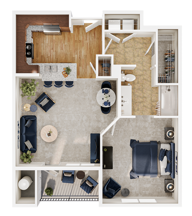 Contemporary floor plan showcasing a spacious 1-bedroom layout with open-concept living room, stylish kitchen featuring an island, comfortable bathroom, and inviting patio area.