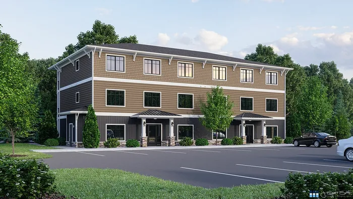Charming three-story apartment building with a modern design, surrounded by lush greenery and ample parking space.