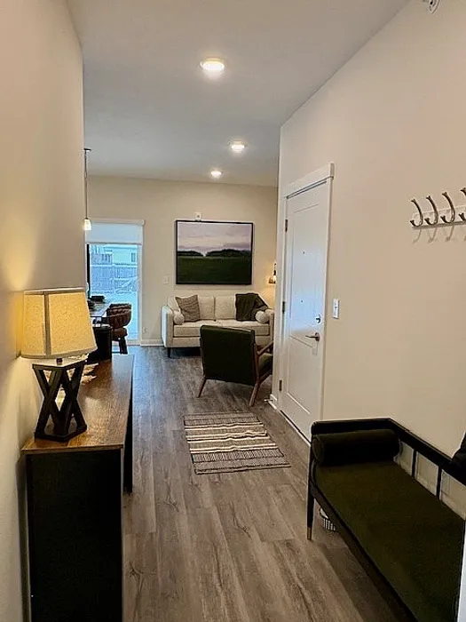 Inviting hallway leading to a cozy living room with modern decor and elegant lighting, perfect for relaxation.