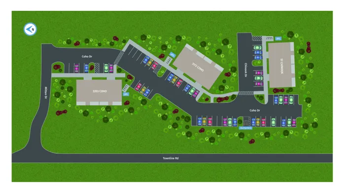 Vibrant apartment complex map featuring lush green spaces, labeled buildings, and ample parking on Coho Drive.