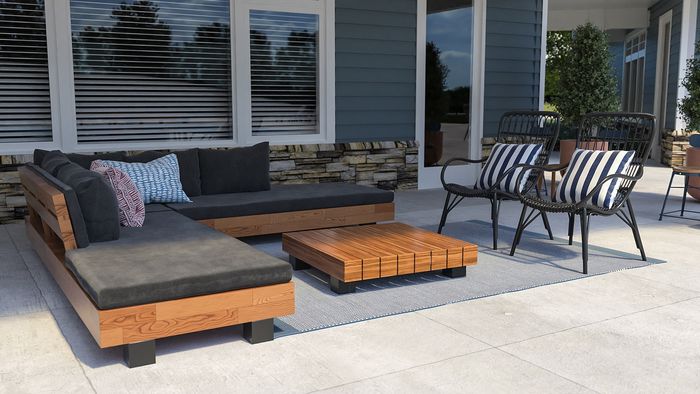 Chic outdoor patio with modern wooden seating, plush cushions, and stylish wicker chairs, perfect for relaxation and entertaining.