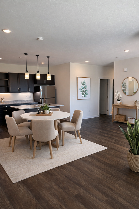 Elegant open-concept dining area with modern kitchen, featuring sleek dark cabinets, stylish pendant lighting, and cozy seating arrangement on a plush beige rug.