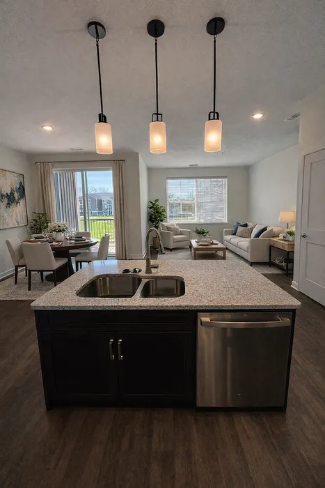 Elegant open-concept living space with stylish kitchen island, modern pendant lighting, and a cozy sitting area with large windows offering natural light.