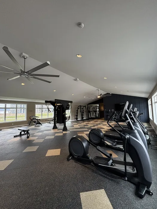 Modern fitness center with state-of-the-art exercise equipment and expansive windows for natural light.