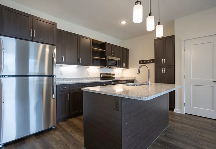 Modern kitchen with sleek stainless steel appliances, elegant dark wood cabinets, and a spacious granite island, perfect for entertaining.