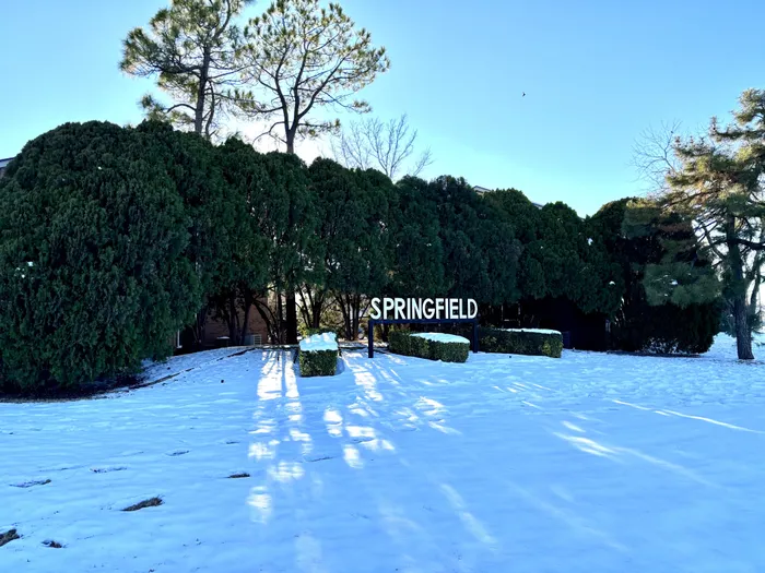 Charming winter scene of Springfield entrance with lush greenery under a blanket of snow.