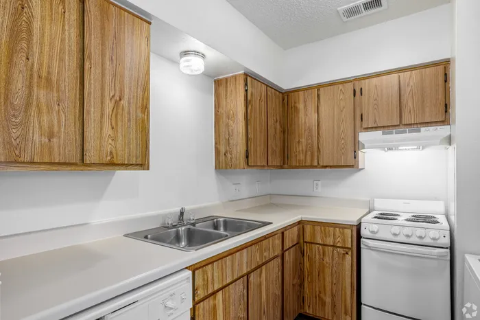 Charming apartment kitchen with modern wooden cabinets, sleek countertops, and a compact stove.