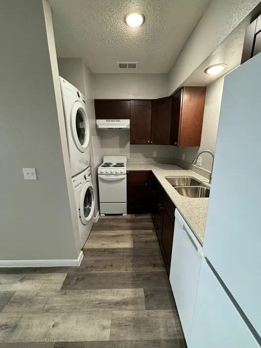 Modern kitchen with sleek dark wood cabinets, integrated washer-dryer, and elegant countertops, perfect for contemporary living.