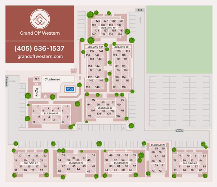 Grand Off Western property map featuring multiple buildings, spacious parking, lush green spaces, and a central pool area for community enjoyment.