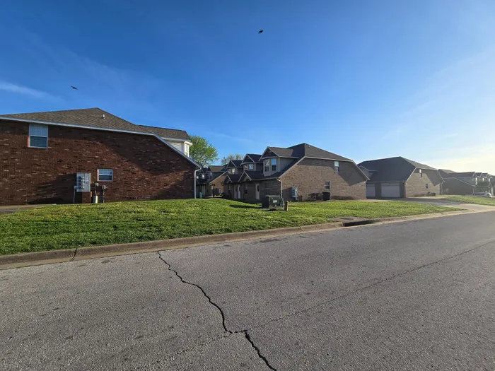 Charming suburban street lined with modern brick homes, showcasing a welcoming neighborhood atmosphere under a clear blue sky.