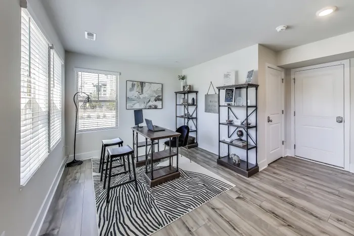 Bright home office with modern decor, featuring large windows, stylish shelves, and chic zebra-patterned rug.