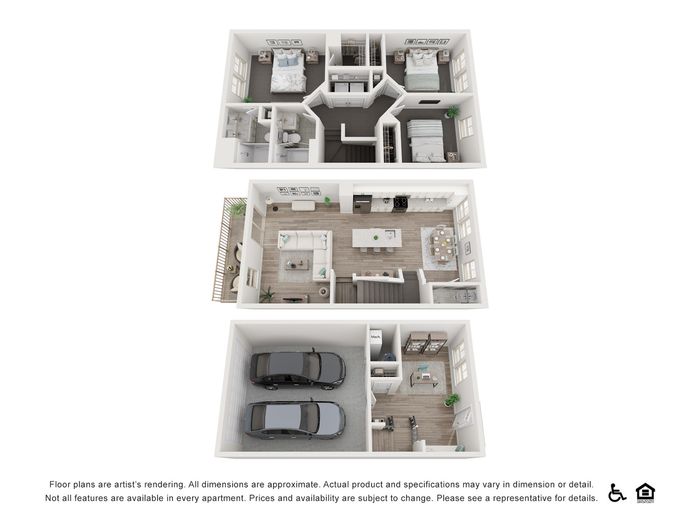 Elegant 3D floor plan showcasing 3 bedrooms, a modern kitchen, spacious living area, and double garage.