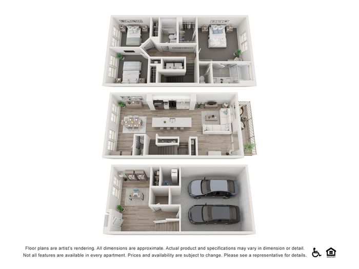 Modern 3D floor plan showcasing two-story design with 2 bedrooms, open-concept living space, chic kitchen, and 2-car garage.