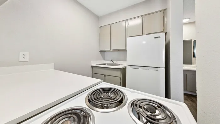 Modern, compact kitchen with sleek cabinetry and electric stove, ideal for efficient cooking.