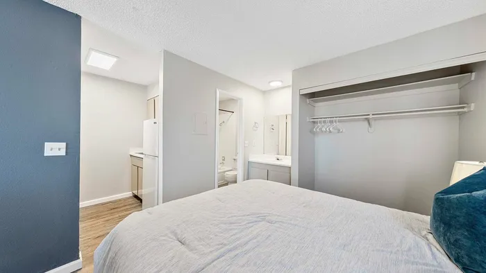 Modern bedroom with a large open closet, ensuite bathroom, and adjacent kitchenette.