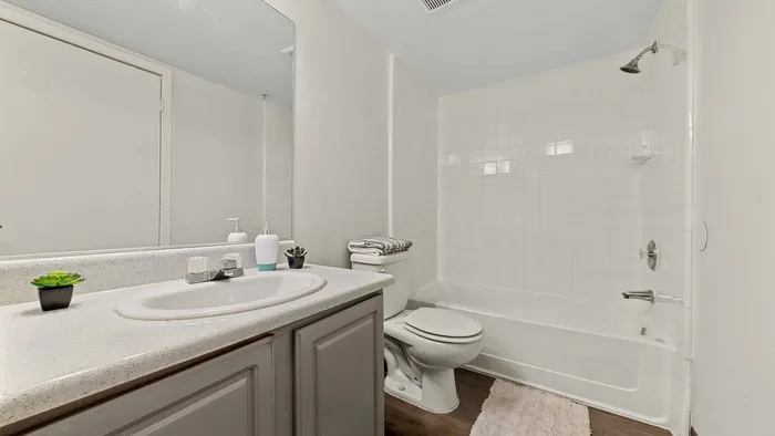 Bright, modern bathroom featuring a bathtub, sleek countertops, and stylish accessories.