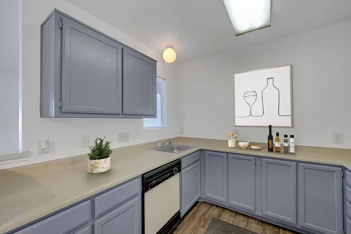 Bright modern kitchen with sleek gray cabinets, under-cabinet lighting and minimalist decor.