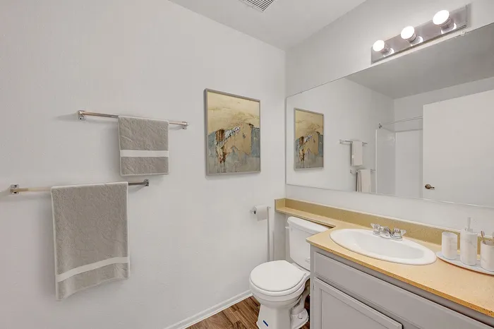 Chic bathroom with modern fixtures, stylish artwork, and bright lighting.