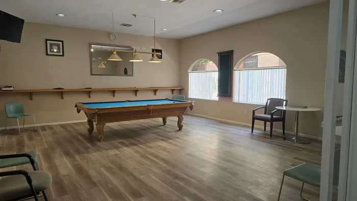Inviting recreation room featuring a sleek pool table, stylish lighting, and ample natural light through arched windows, perfect for social gatherings.