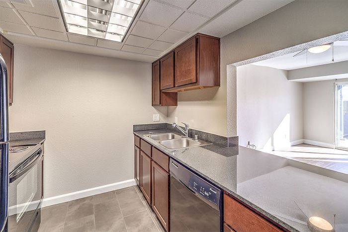 Modern kitchen with sleek dark countertops, stainless steel appliances, and ample cabinetry adjoining a bright, sunlit dining area.