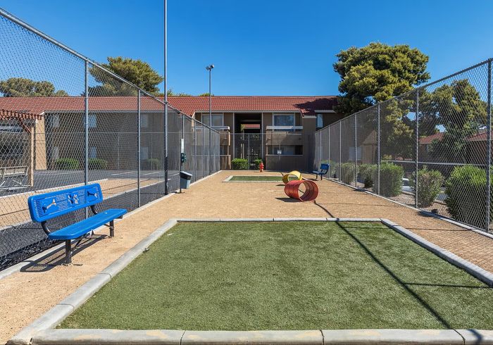 Inviting apartment dog park featuring agility tunnels, benches, and green play areas, perfect for pet-friendly living.