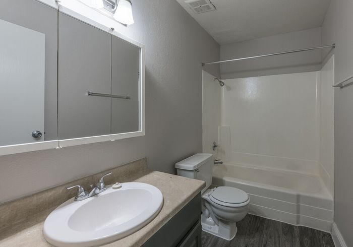 Modern bathroom with sleek fixtures, spacious vanity, and elegant tub, offering a serene and stylish design.