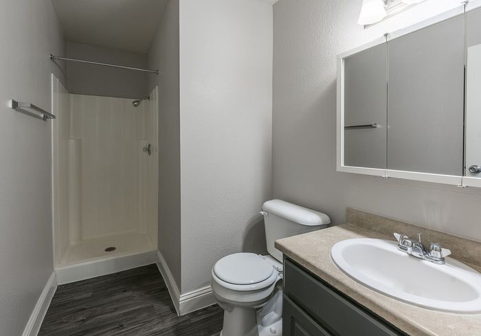Modern bathroom featuring elegant gray and white tones with a sleek shower, pristine sink area, and stylish countertop, creating a soothing atmosphere.