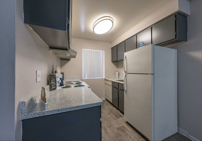 Modern kitchen featuring sleek dark cabinets, stylish countertops, and contemporary lighting, offering a minimalist and functional design.