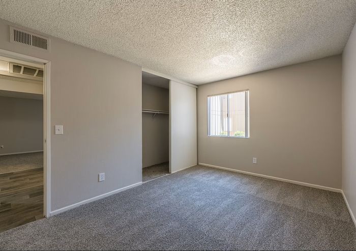 Bright and airy bedroom with plush carpet, built-in closet, and large window for natural light.