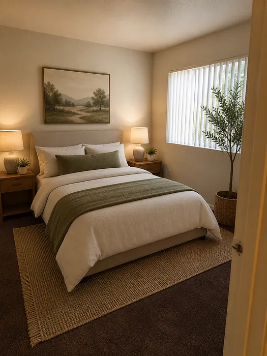 Cozy bedroom with elegant decor, featuring a plush bed, stylish lamps, and peaceful artwork.