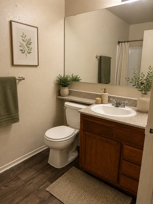 Charming bathroom design with modern fixtures, elegant wooden cabinetry, and cozy decor accents.