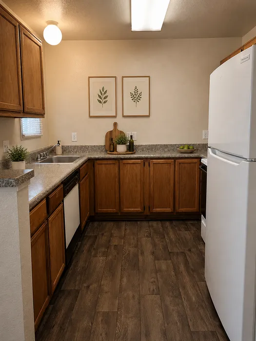 Warm and inviting kitchen with modern appliances, elegant wooden cabinetry, and stylish decor, perfect for culinary creativity.