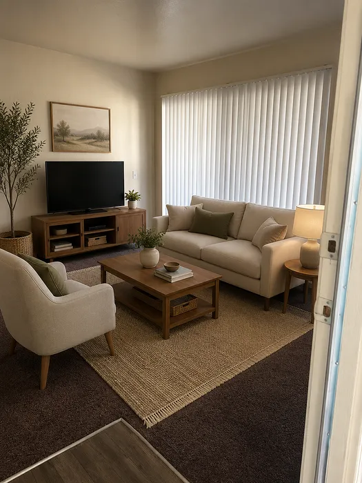 Inviting living room with cozy beige sofa, stylish armchair, and a modern entertainment center, bathed in natural light from large windows.
