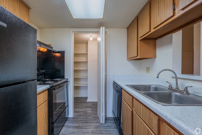 Modern kitchen featuring sleek black appliances, spacious countertops, and ample cabinetry with open pantry view.