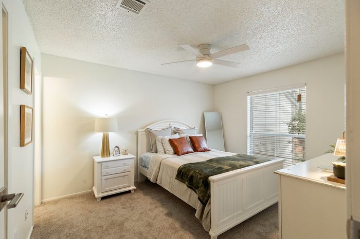 Cozy bedroom showcasing elegant decor with a plush bed, bedside table, and soft carpeting, all bathed in natural light from a large window.